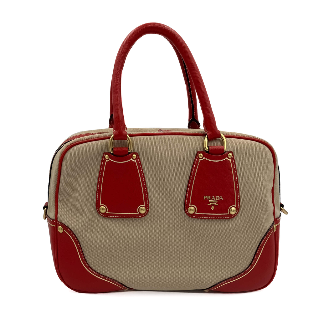 Prada Bowler Shoulder Bag Canapa Canvas Bicolor