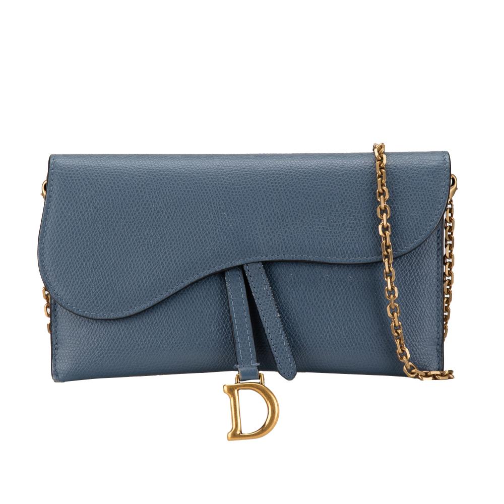 Christian Dior B Dior Blue Calf Leather Saddle Wallet On Chain Italy