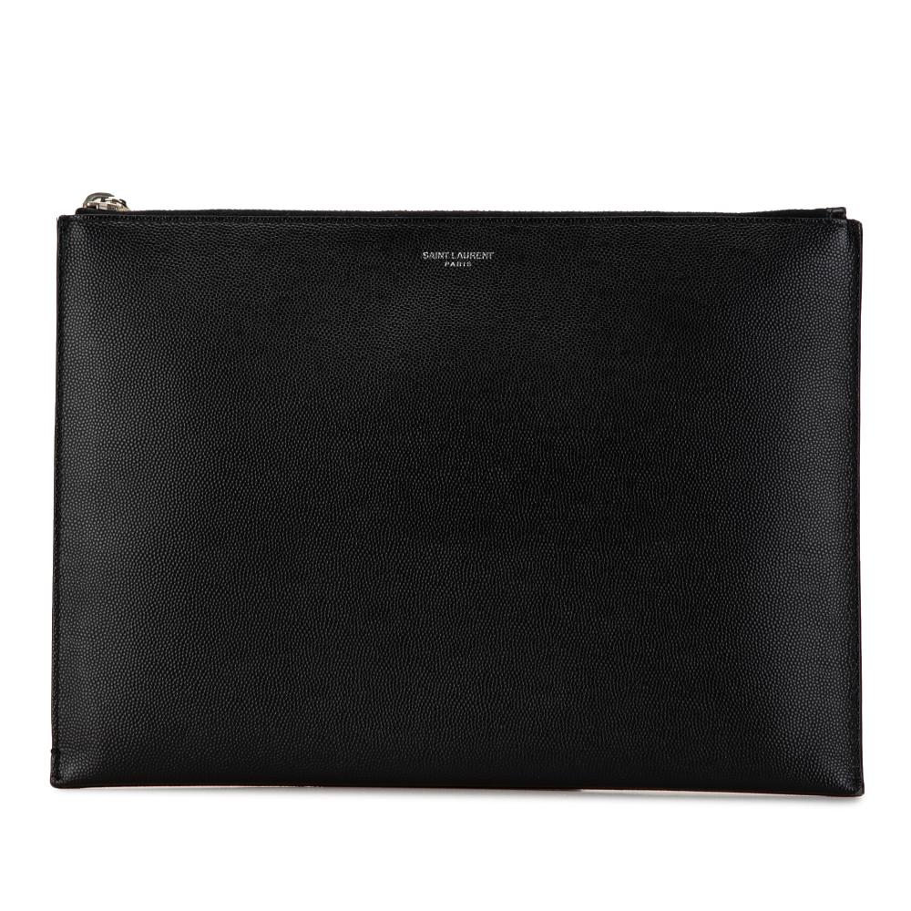 Saint Laurent AB Saint Laurent Black Calf Leather Grain de Poudre Zip Clutch Italy