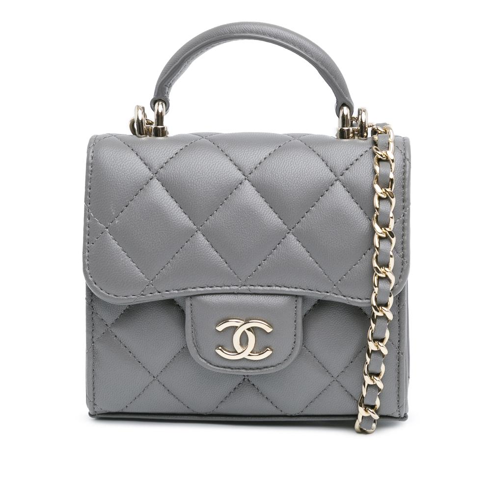 Chanel AB Chanel Gray Lambskin Leather Leather CC Quilted Lambskin Top Handle Card Holder On Chain France