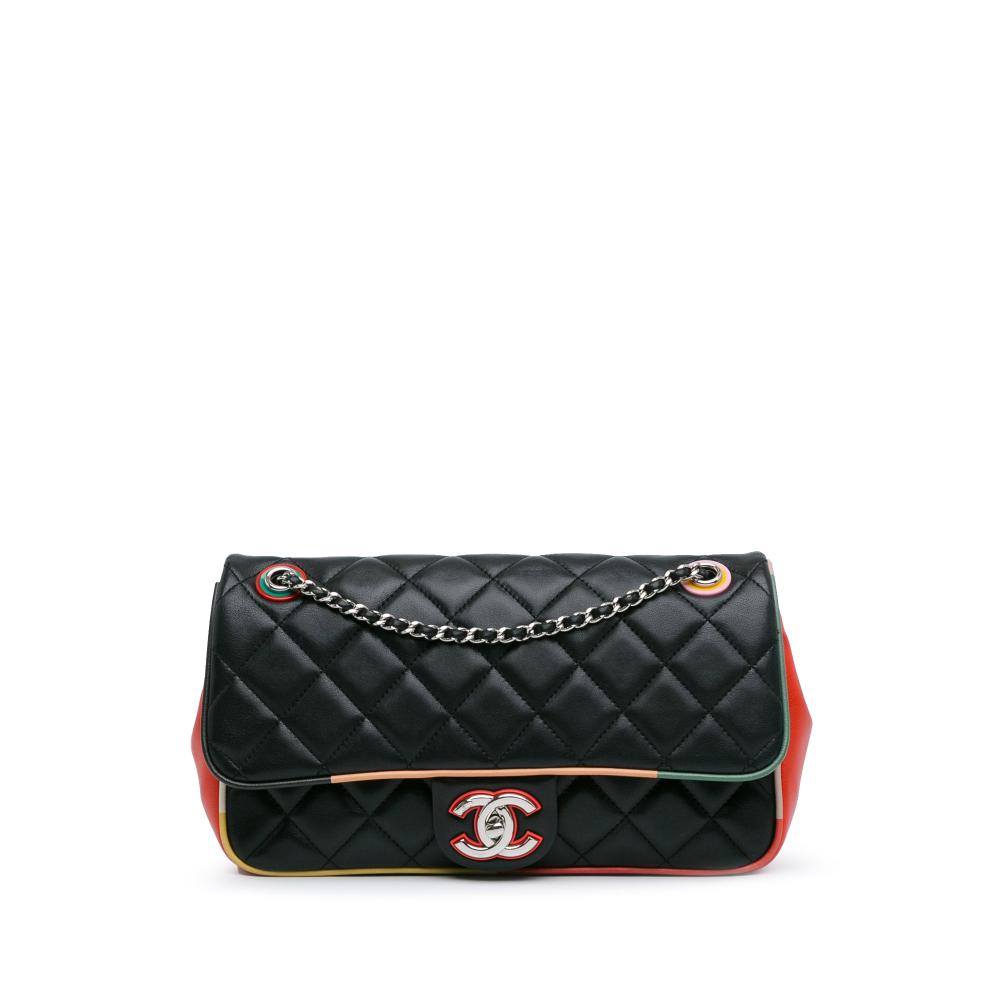 Chanel B Chanel Black with Multi Lambskin Leather Leather Medium Quilted Lambskin Cuba Color Flap Italy