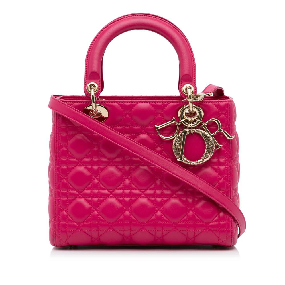 Christian Dior AB Dior Pink Dark Pink Lambskin Leather Leather Medium Lambskin Cannage Lady Dior Italy