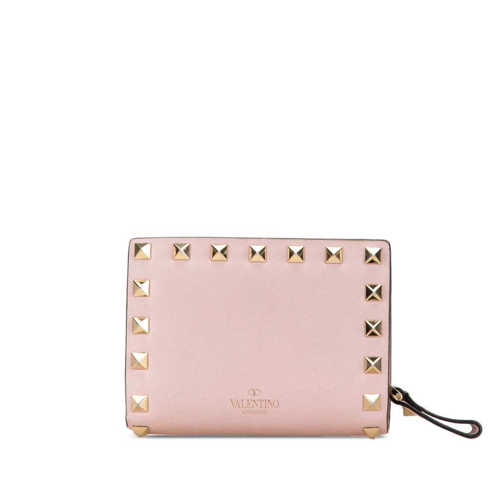 Valentino B Valentino Pink Light Pink Calf Leather Rockstud skin Small Wallet Italy