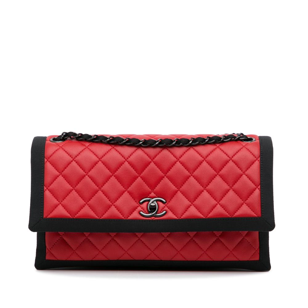 Chanel AB Chanel Red with Black Canvas Fabric Medium Quilted Lambskin Grosgrain Two Tone Flap Bag Italy