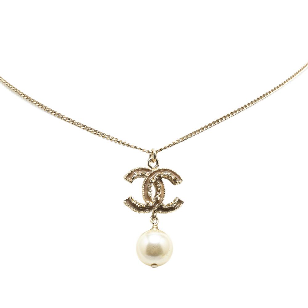 Chanel AB Chanel Silver with Brown Light Brown Gold Plated Metal CC Faux Pearl Pendant Necklace Italy