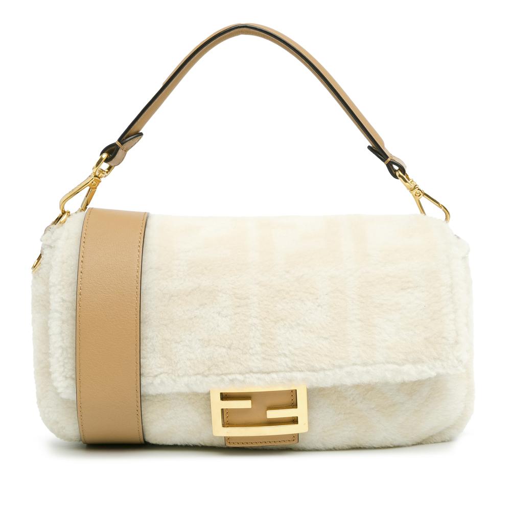 Fendi AB Fendi White Fur Natural Material Small Zucca Shearling Baguette Satchel Italy