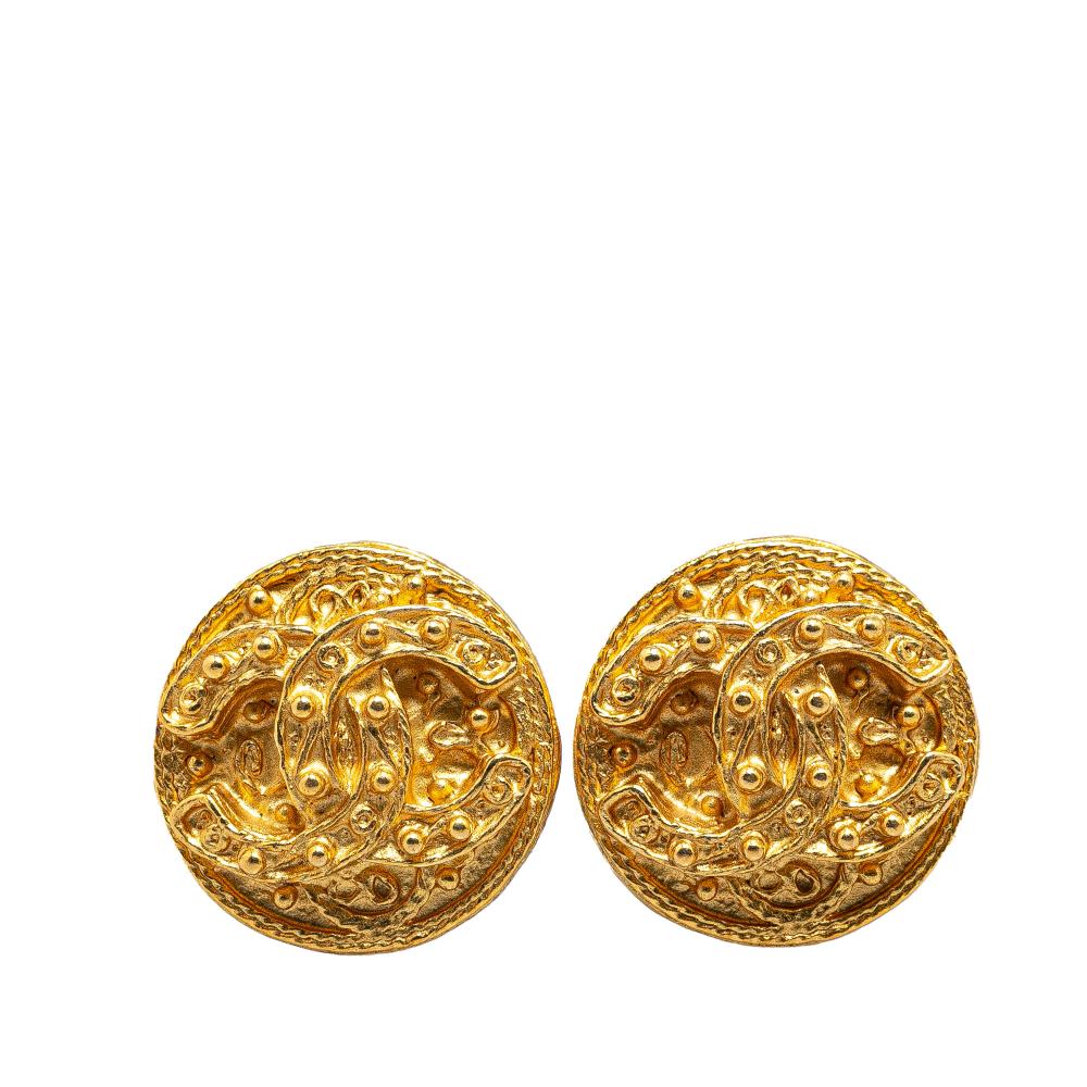 Chanel B Chanel Gold Gold Plated Metal CC Round Clip On Earrings France