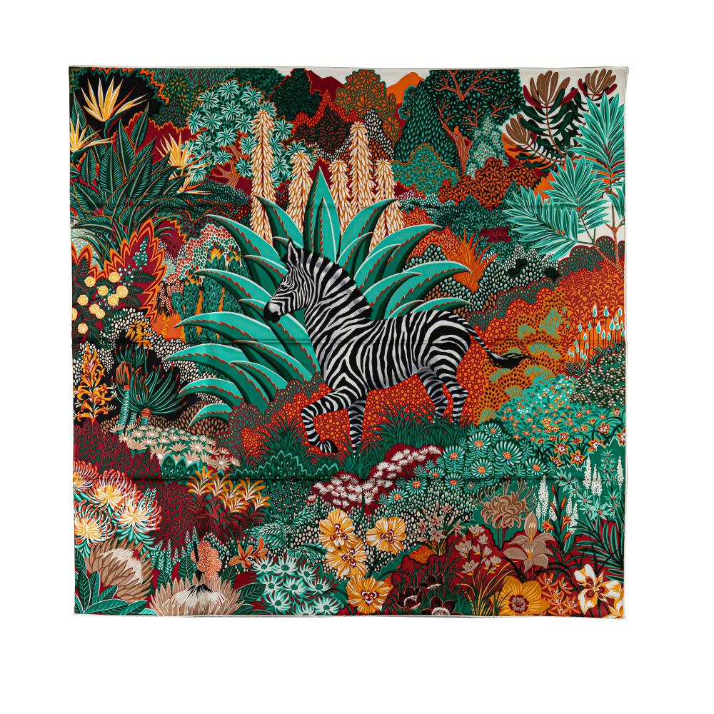 Hermès A Hermès Green Silk Fabric Mountain Zebra Scarf France