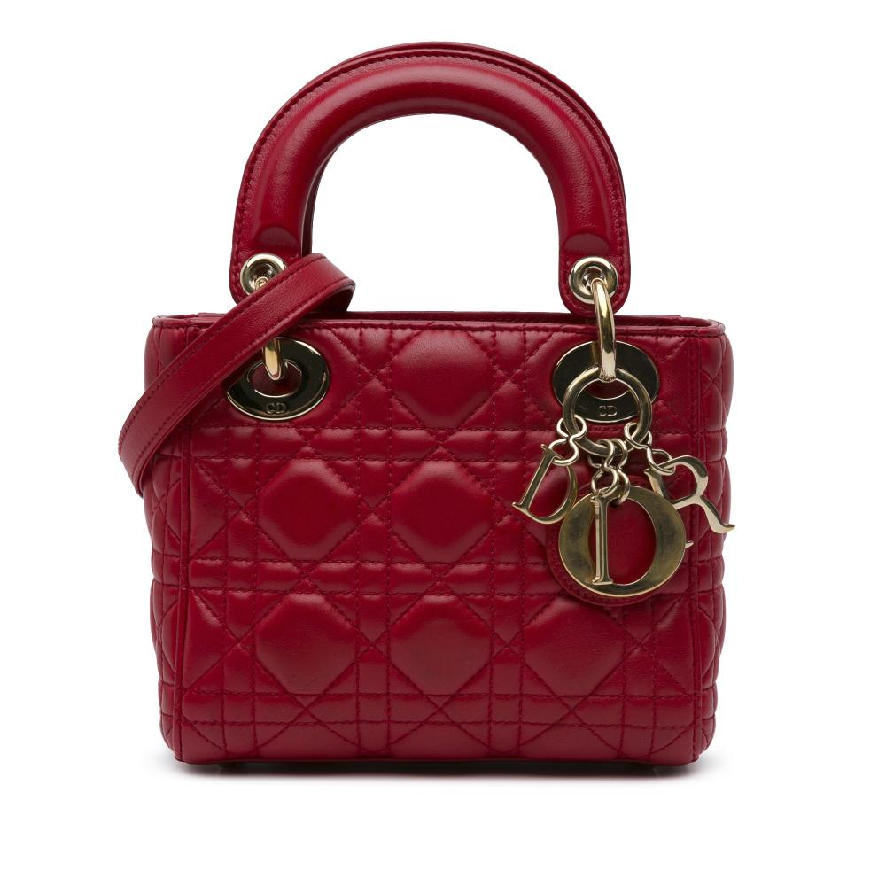 Christian Dior B Dior Red Lambskin Leather Leather Mini Lambskin Cannage Lady Dior Italy