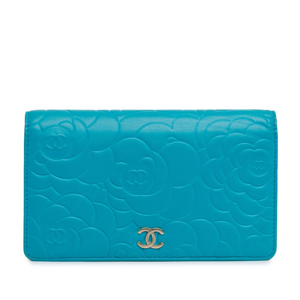 Chanel B Chanel Blue Aqua Lambskin Leather Leather Camellia Embossed Lambskin Bifold Wallet Spain