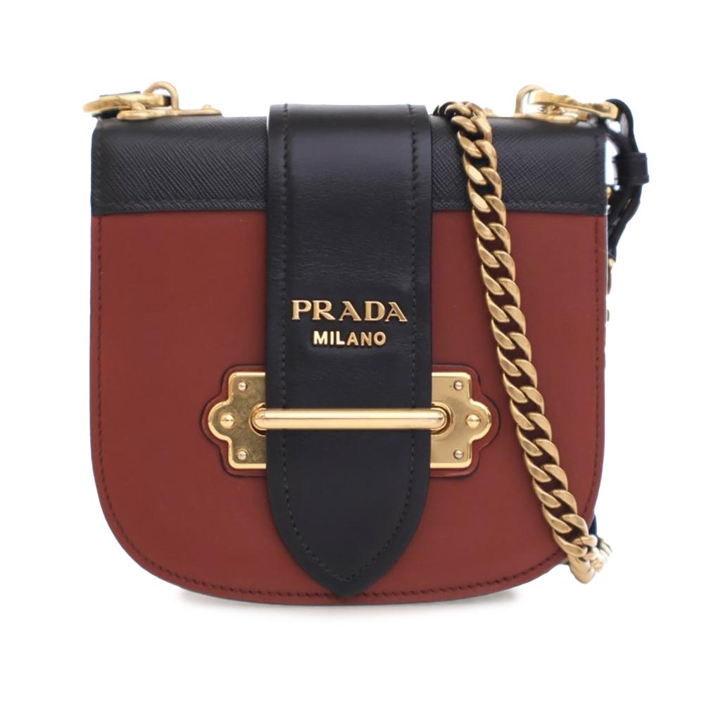 Prada B Prada Brown with Black Calf Leather City and Saffiano Cahier Crossbody Italy