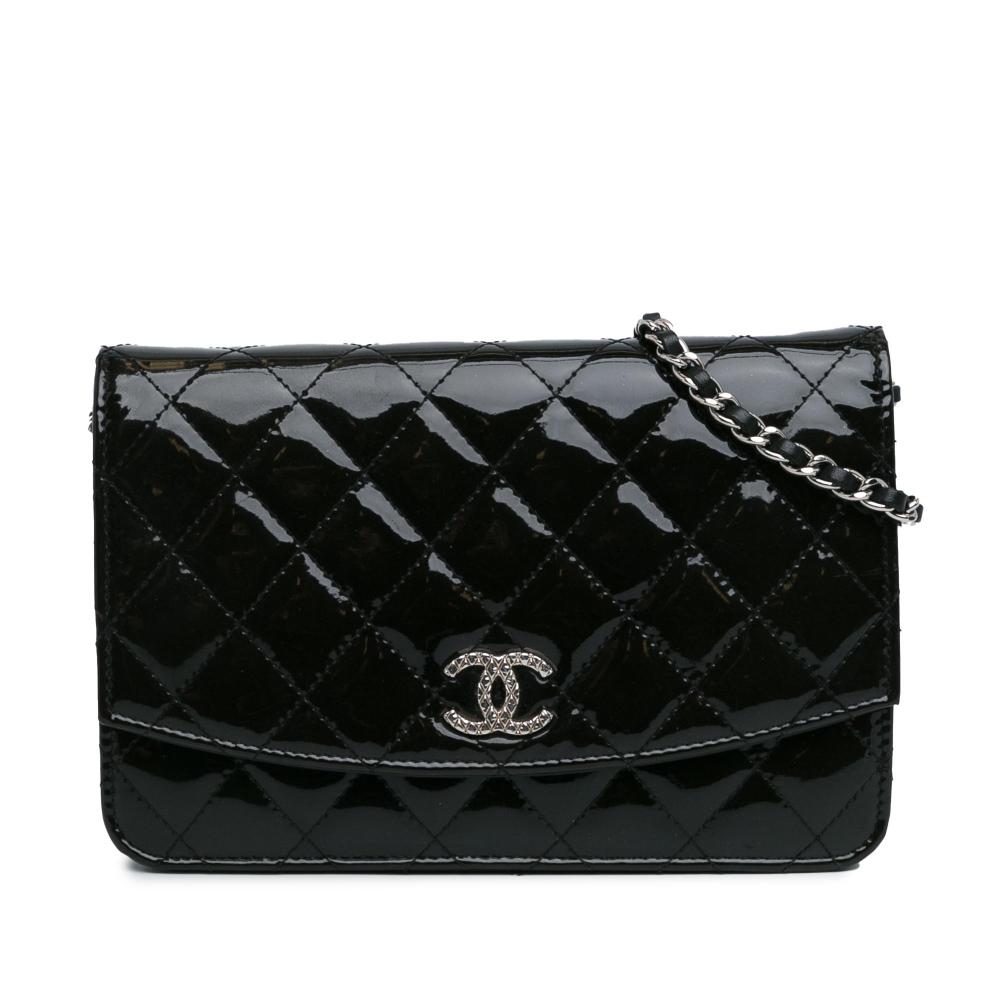 Chanel B Chanel Black Patent Leather Leather Quilted Patent Brilliant Wallet On Chain Italy