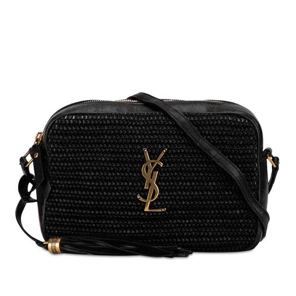 Saint Laurent B Saint Laurent Black Raffia Natural Material Woven and Leather Lou Camera Bag Italy