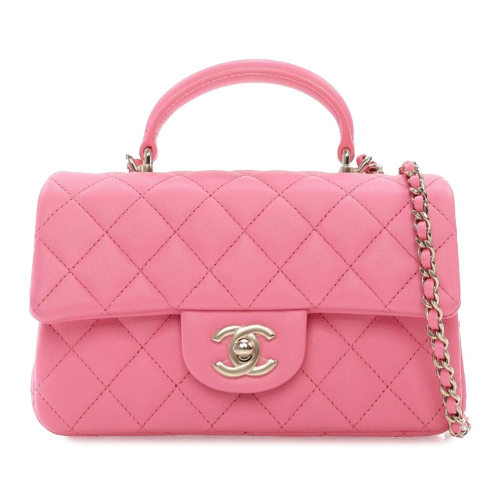 Chanel Pink Mini Rectangular Lambskin Top Handle Single Flap Italy