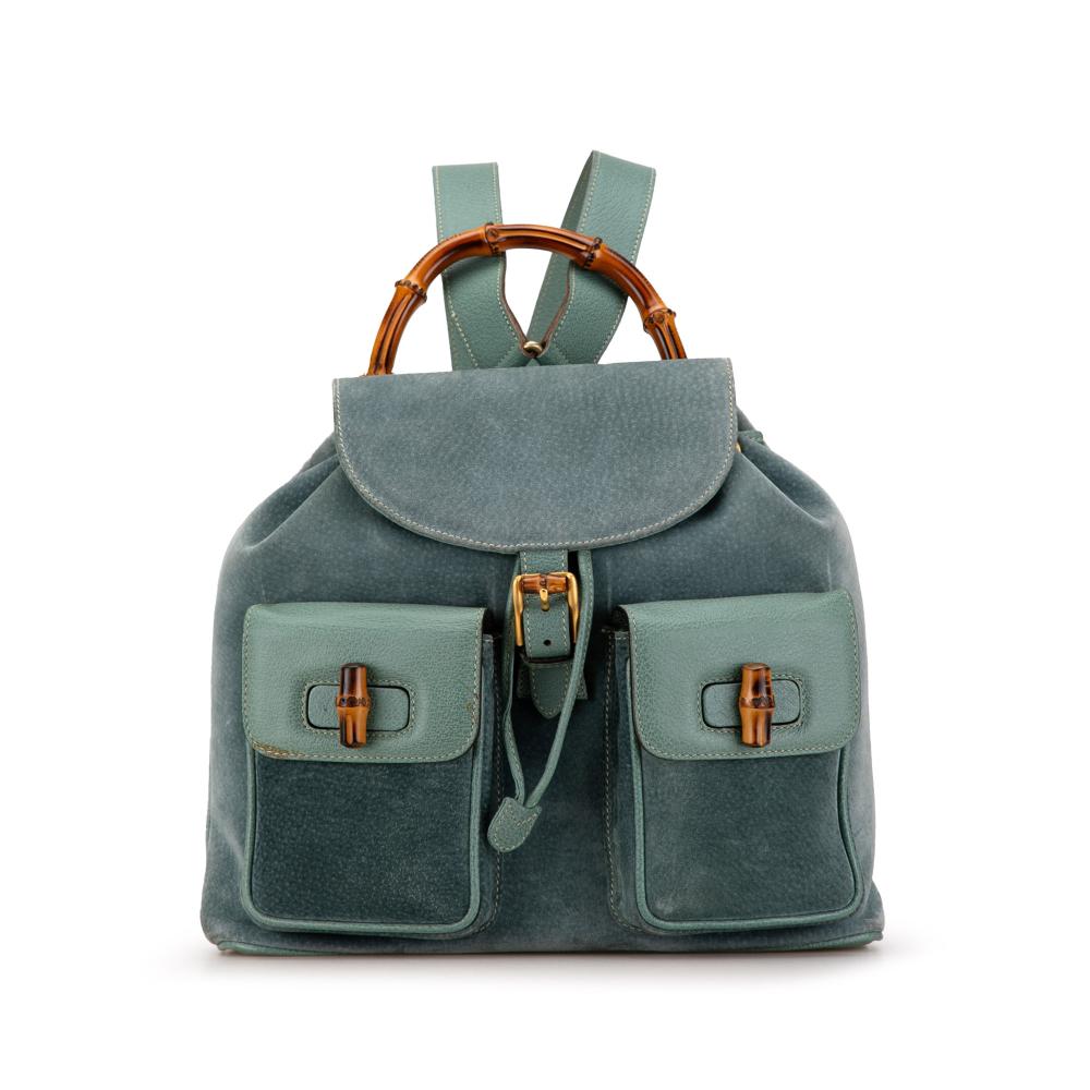 Gucci B Gucci Blue Light Blue Suede Leather Bamboo Backpack Italy