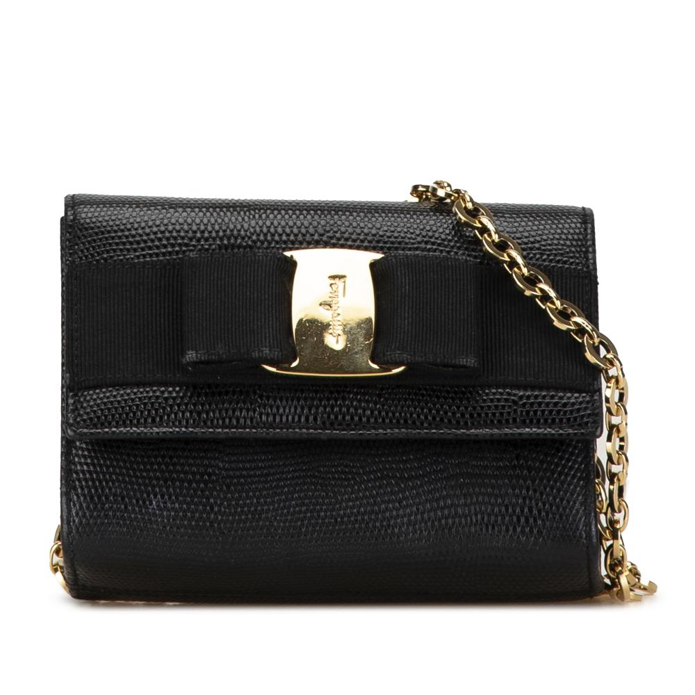 Salvatore Ferragamo B Ferragamo Black Calf Leather Mini Lizard Embossed Vara Chain Crossbody Italy