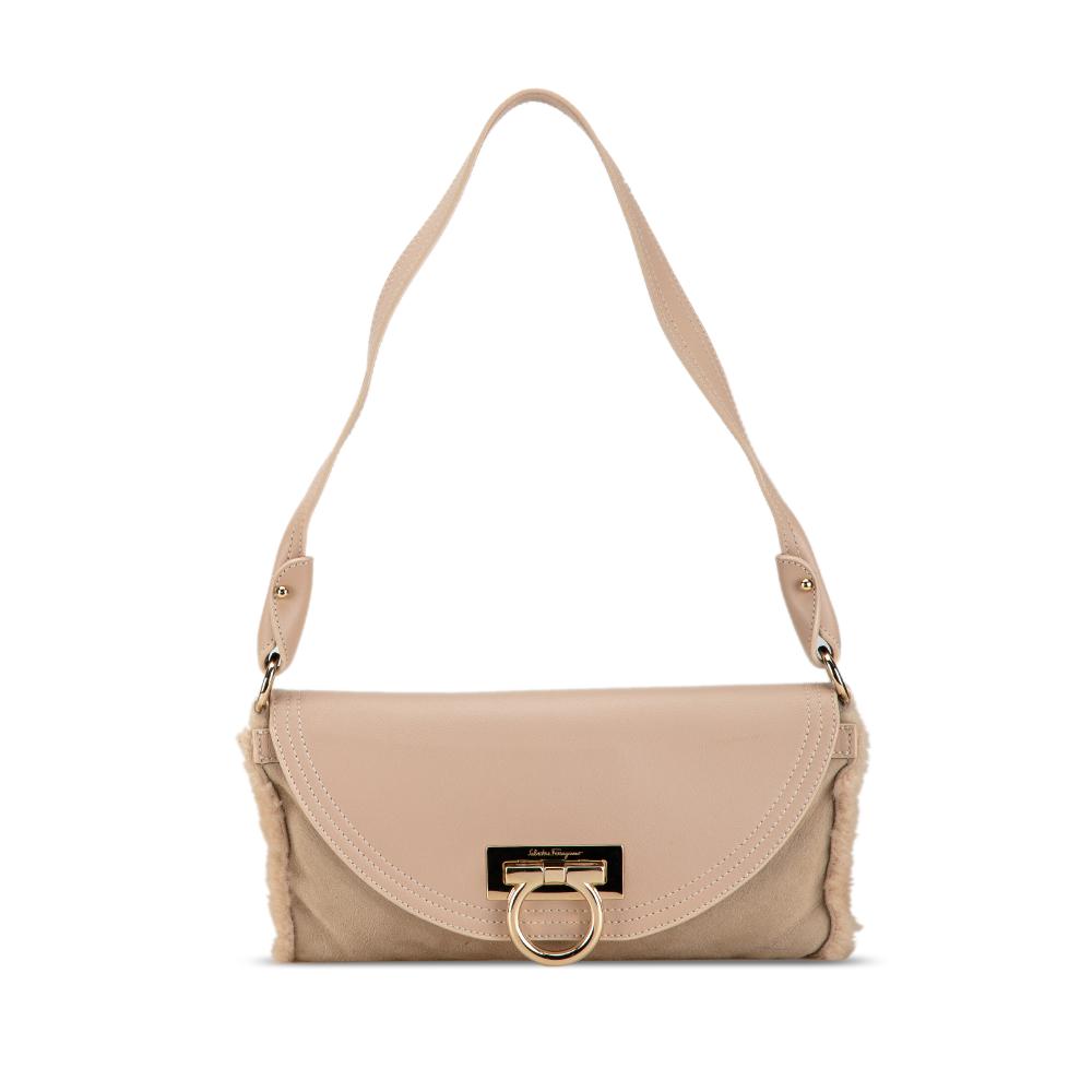 Salvatore Ferragamo B Ferragamo Pink Light Pink Calf Leather Gancini Suede Shearling Trimmed Shoulder Bag Italy