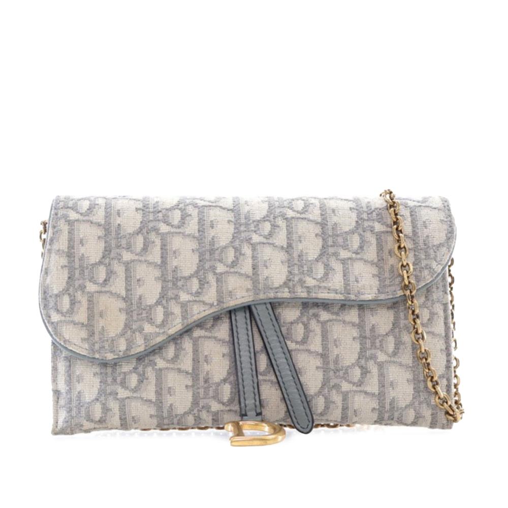 Christian Dior AB Dior Gray Light Gray Canvas Fabric Oblique Saddle Wallet On Chain Italy