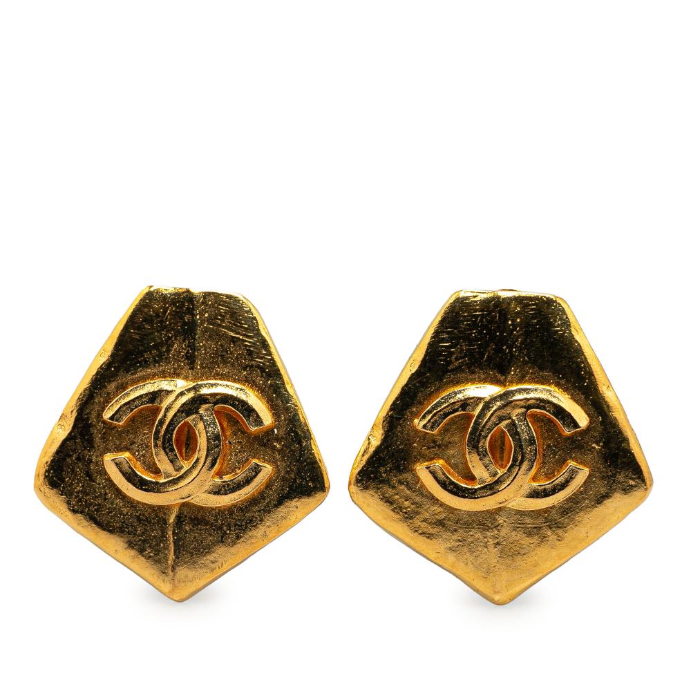 Chanel B Chanel Gold Gold Plated Metal CC Pentagon Clip On Earrings France