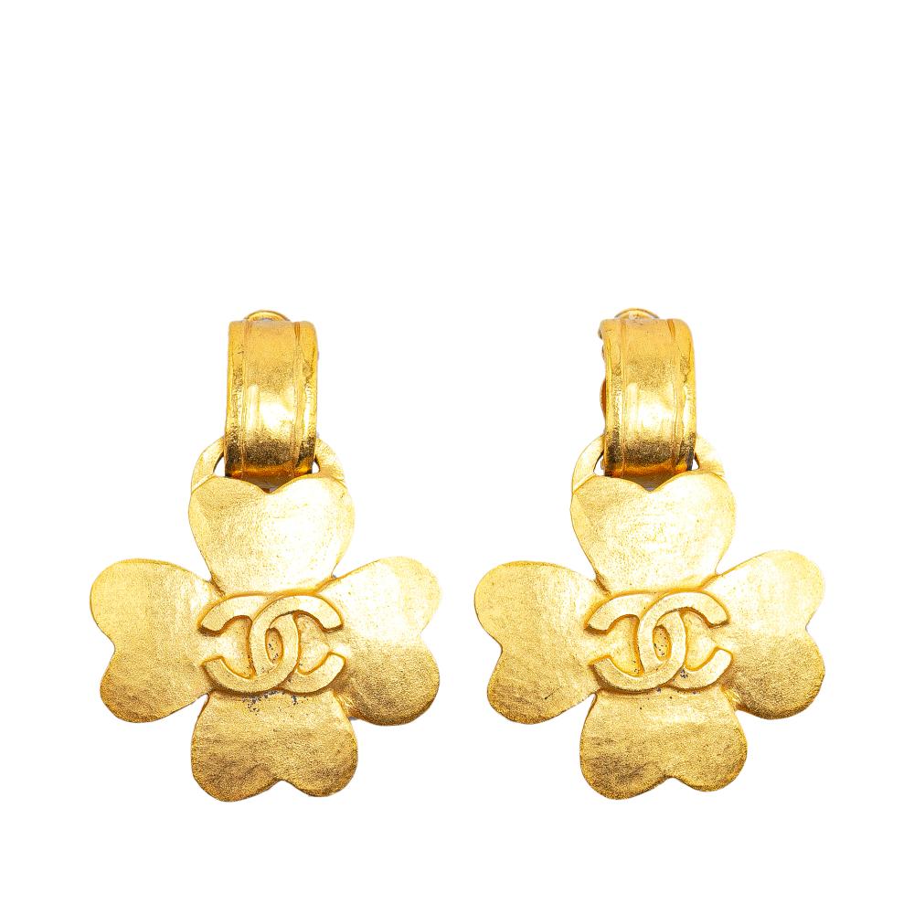 Chanel B Chanel Gold Gold Plated Metal CC Clover Clip On Earrings France