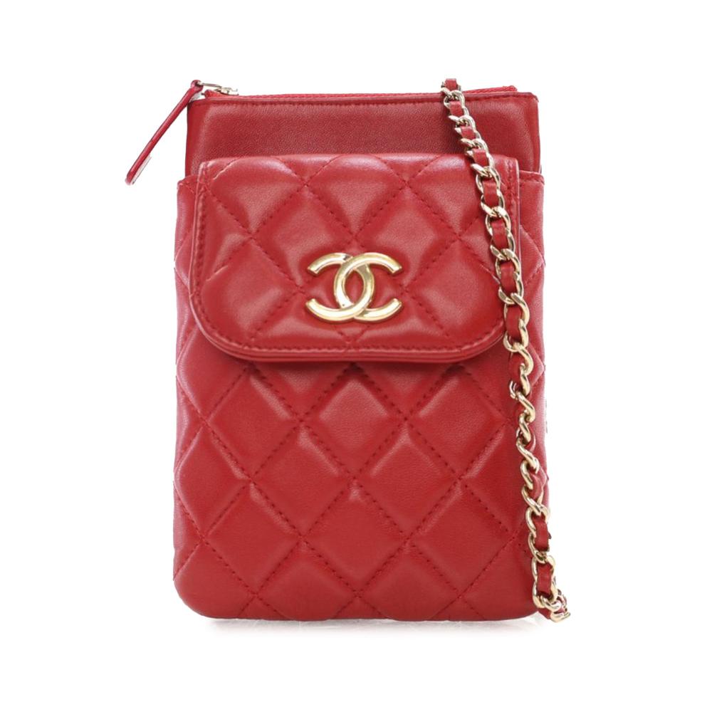 Chanel AB Chanel Red Lambskin Leather Leather CC Quilted Lambskin Phone Holder with Chain Italy