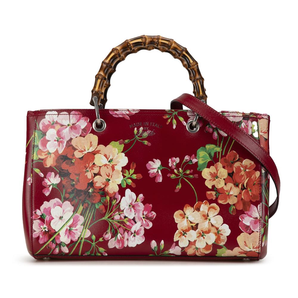 Gucci B Gucci Red Calf Leather Medium Blooms Bamboo Shopper Italy