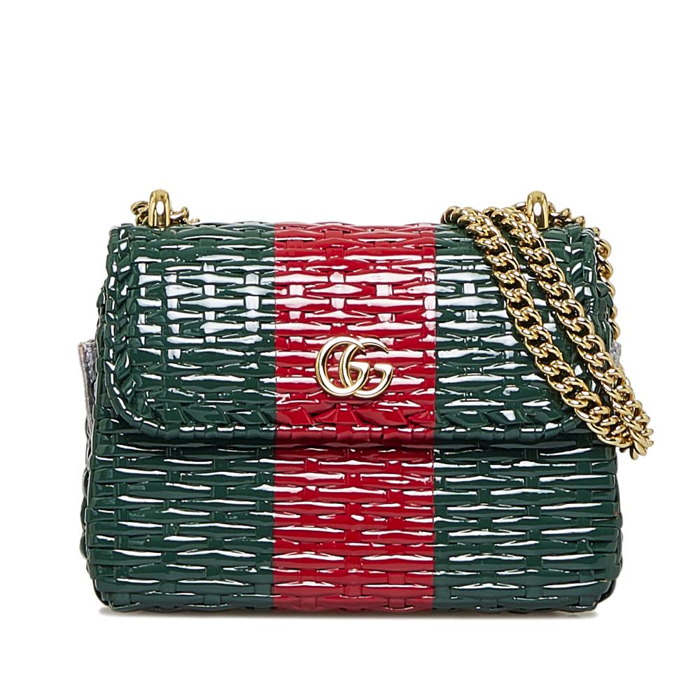 Gucci B Gucci Green Dark Green Rattan Natural Material GG Marmont Wicker Crossbody Bag Italy