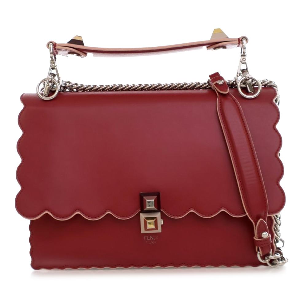 Fendi B Fendi Red Calf Leather Medium Scalloped Studded Kan I Satchel Italy