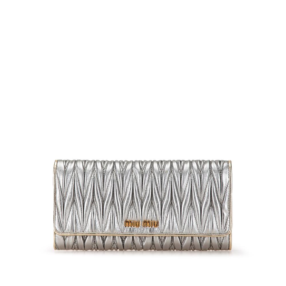 Miu Miu B Miu Miu Silver Lambskin Leather Leather Metallic Lambskin Matelasse Continental Wallet Turkey