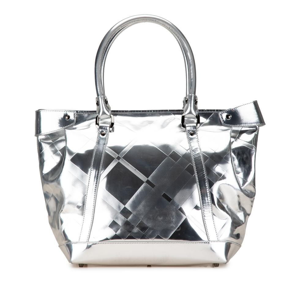 Burberry B Burberry Silver Patent Leather Leather Patent Beat Check Embossed Ember Tote Italy