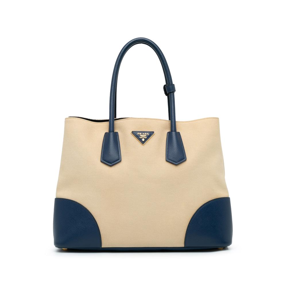 Prada B Prada Brown Beige with Blue Canvas Fabric Canapa and Saffiano Double Satchel Italy