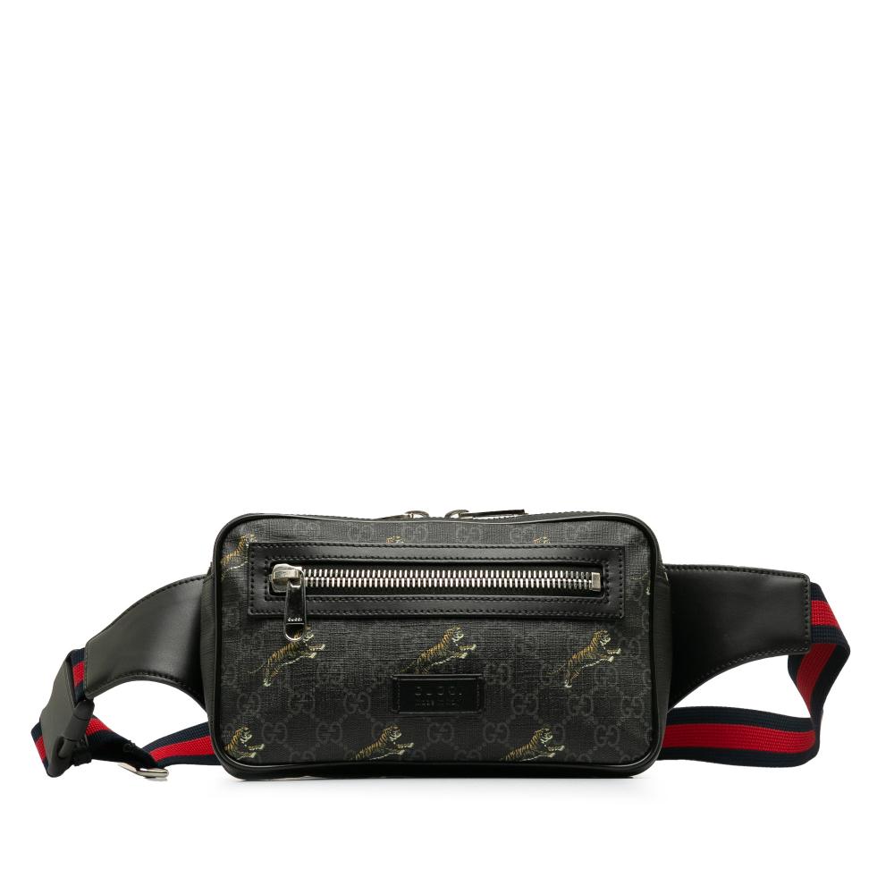 Gucci AB Gucci Black Coated Canvas Fabric GG Supreme Web Tiger Belt Bag Italy