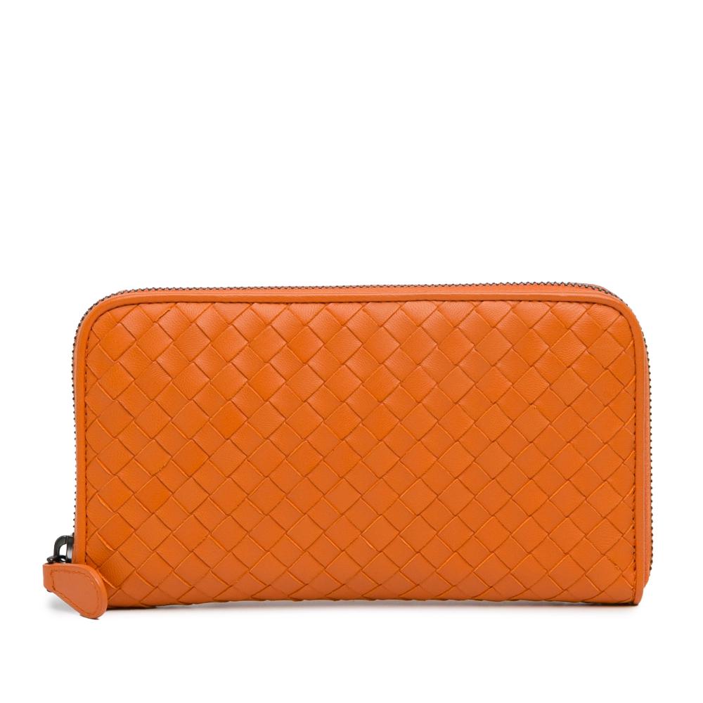 Bottega Veneta AB Bottega Veneta Orange Calf Leather Intrecciato Zip Around Long Wallet Italy