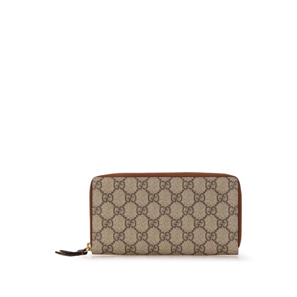 Gucci AB Gucci Brown Beige Coated Canvas Fabric GG Supreme Zip Around Long Wallet Italy