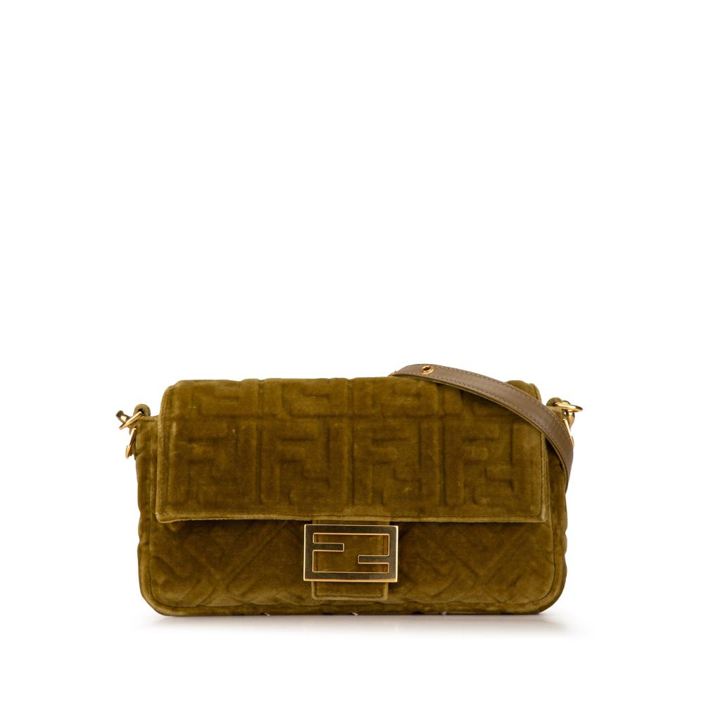 Fendi AB Fendi Green Olive Green Velvet Fabric Zucca Embossed Baguette Satchel Italy