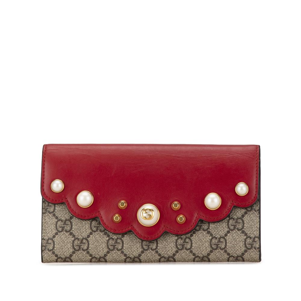 Gucci B Gucci Brown Beige with Red Coated Canvas Fabric GG Supreme Faux Pearl Long Wallet Italy