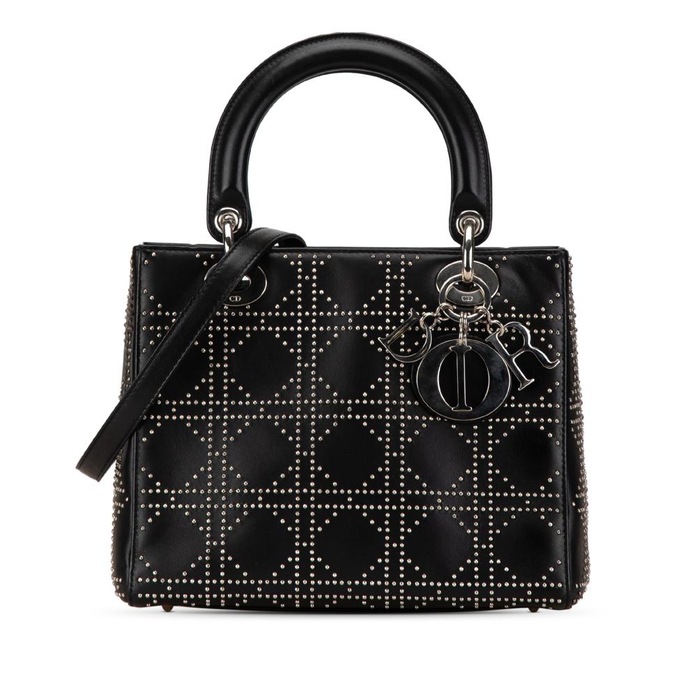 Christian Dior B Dior Black Lambskin Leather Leather Medium Studded Lambskin Cannage Lady Dior Italy