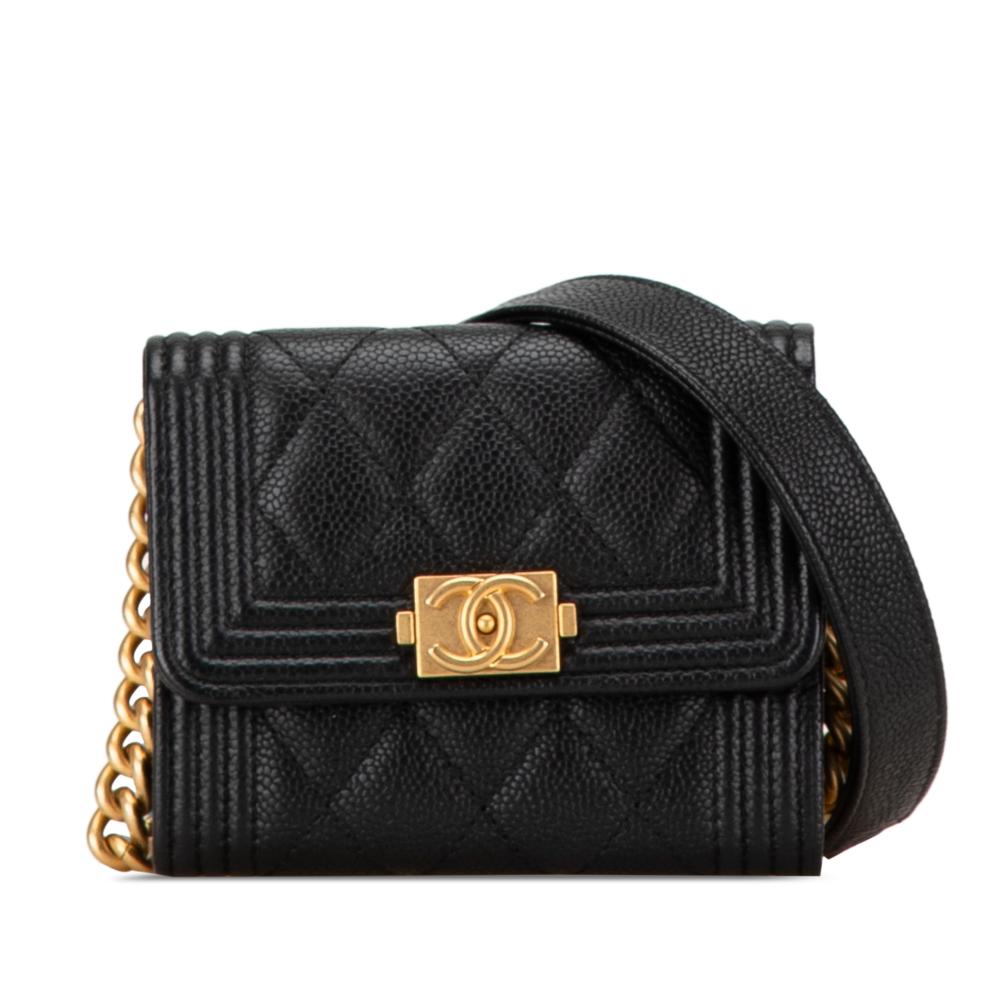 Chanel AB Chanel Black Caviar Leather Leather Quilted Caviar Boy Card Holder with Chain Italy