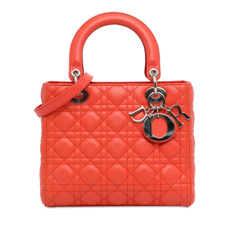 Christian Dior B Dior Orange Lambskin Leather Leather Medium Lambskin Cannage Lady Dior Italy