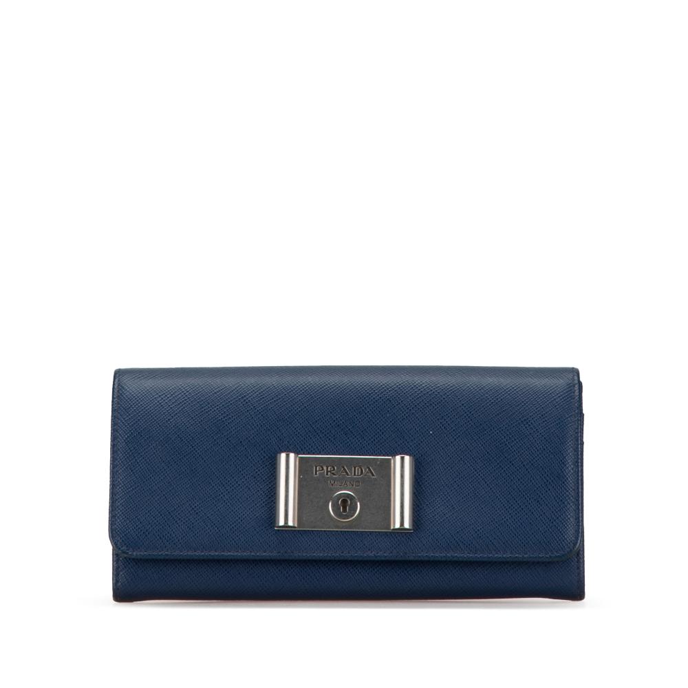 Prada B Prada Blue Saffiano Leather Lock Long Wallet Italy