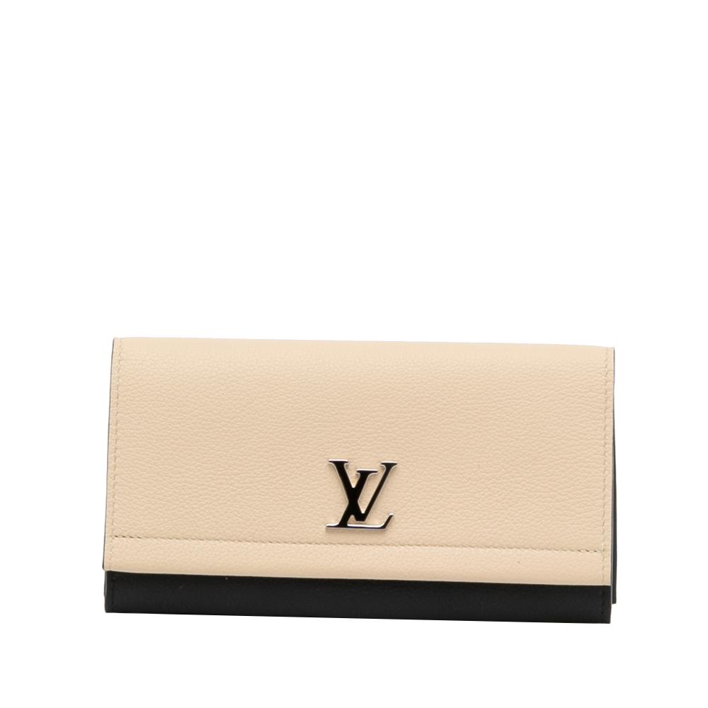 Louis Vuitton A Louis Vuitton Black with Brown Beige Calf Leather Lockme II Wallet Spain