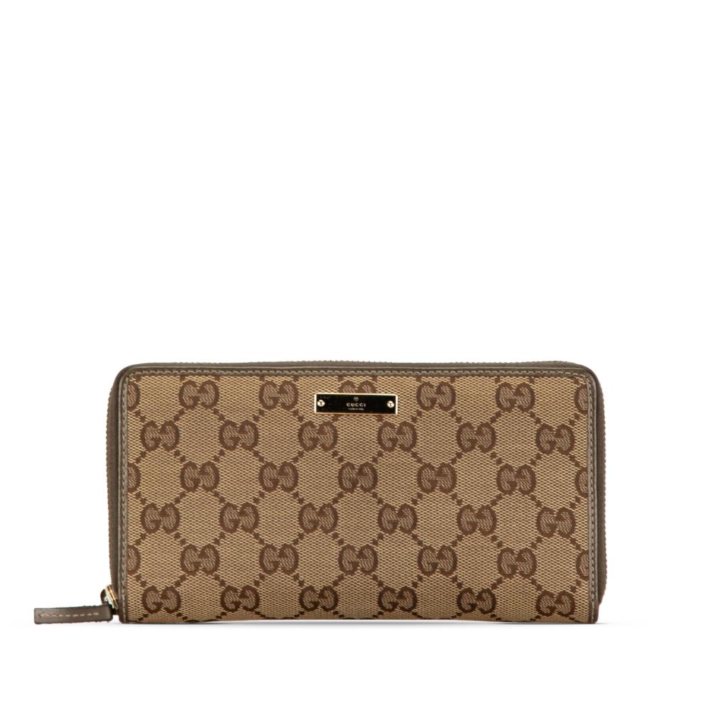 Gucci AB Gucci Brown Beige Canvas Fabric GG Zip Around Long Wallet Italy