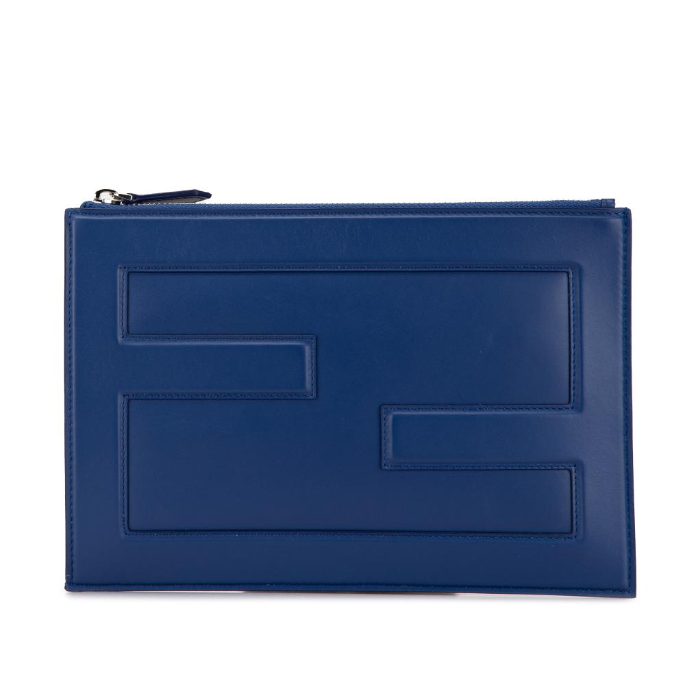 Fendi AB Fendi Blue Calf Leather Logo Flat Clutch Italy