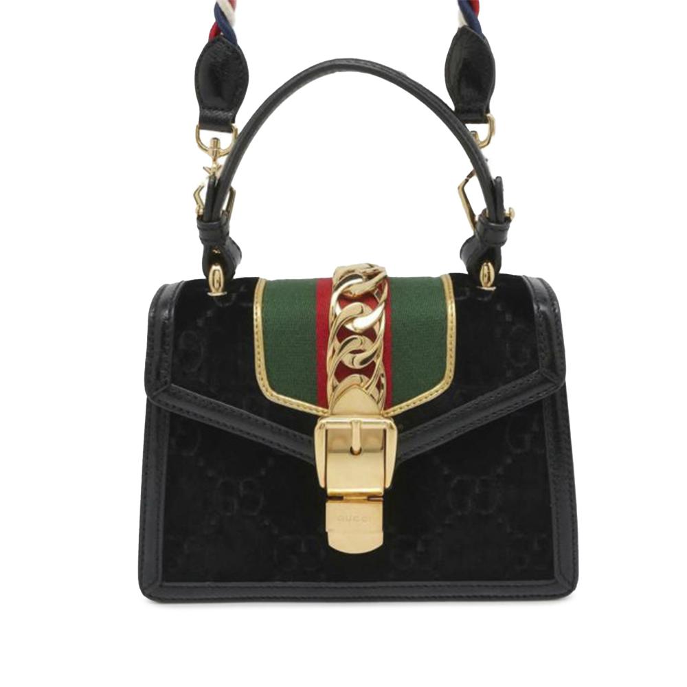 Gucci B Gucci Black Velvet Fabric Mini GG Sylvie Satchel Italy