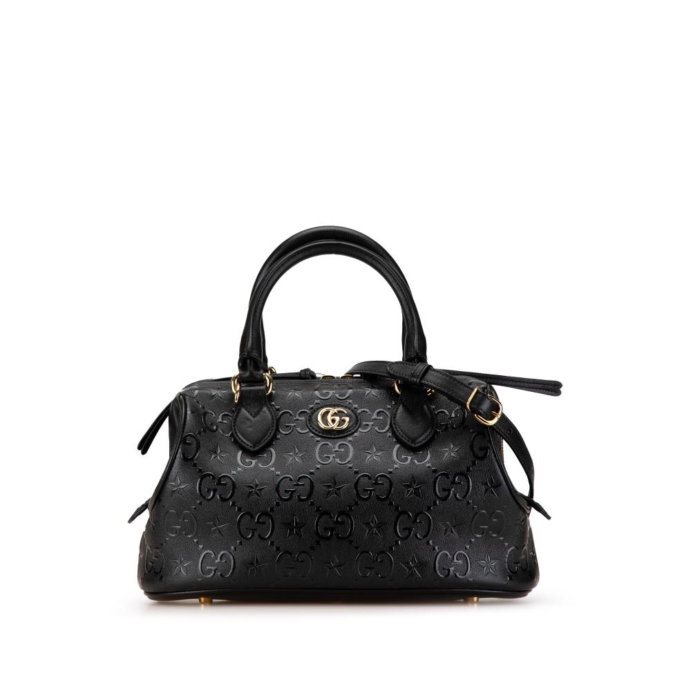 Gucci AB Gucci Black Calf Leather GG Embossed Star Satchel Italy