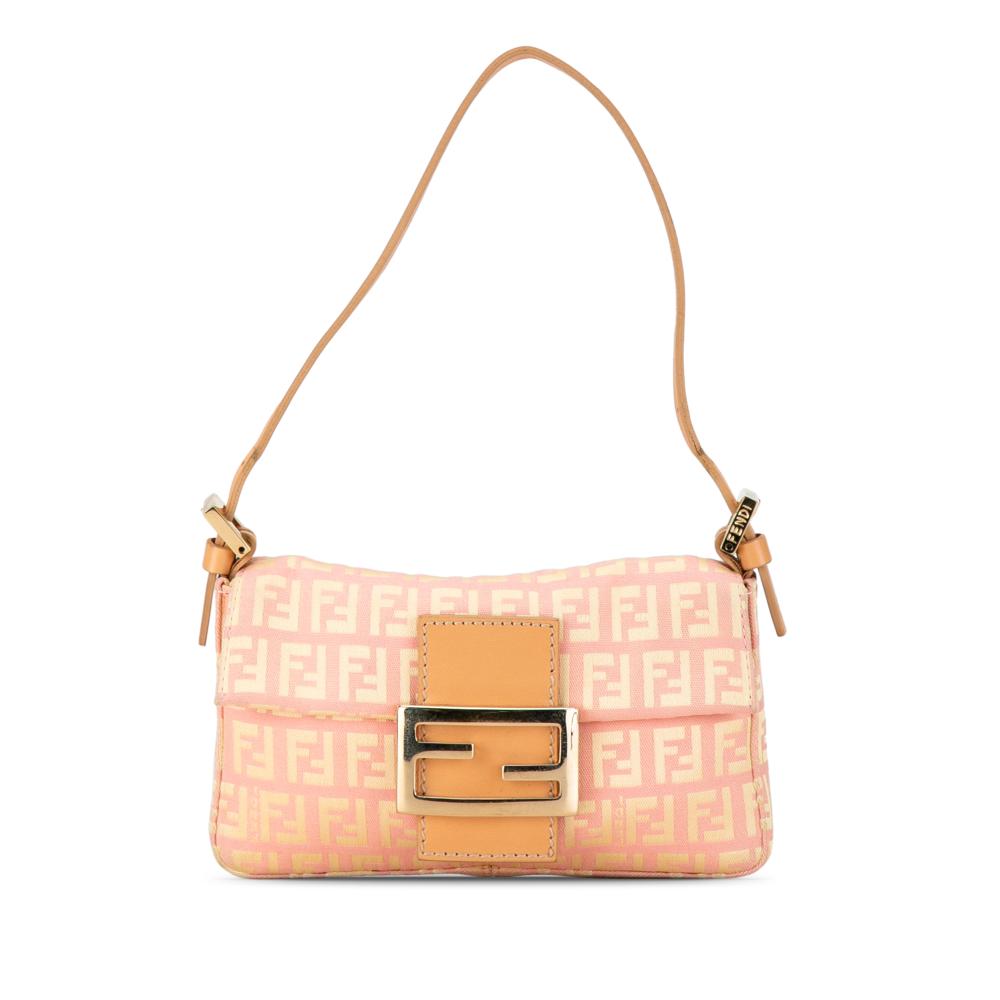 Fendi B Fendi Pink Light Pink with Yellow Canvas Fabric Mini Zucchino Baguette Italy