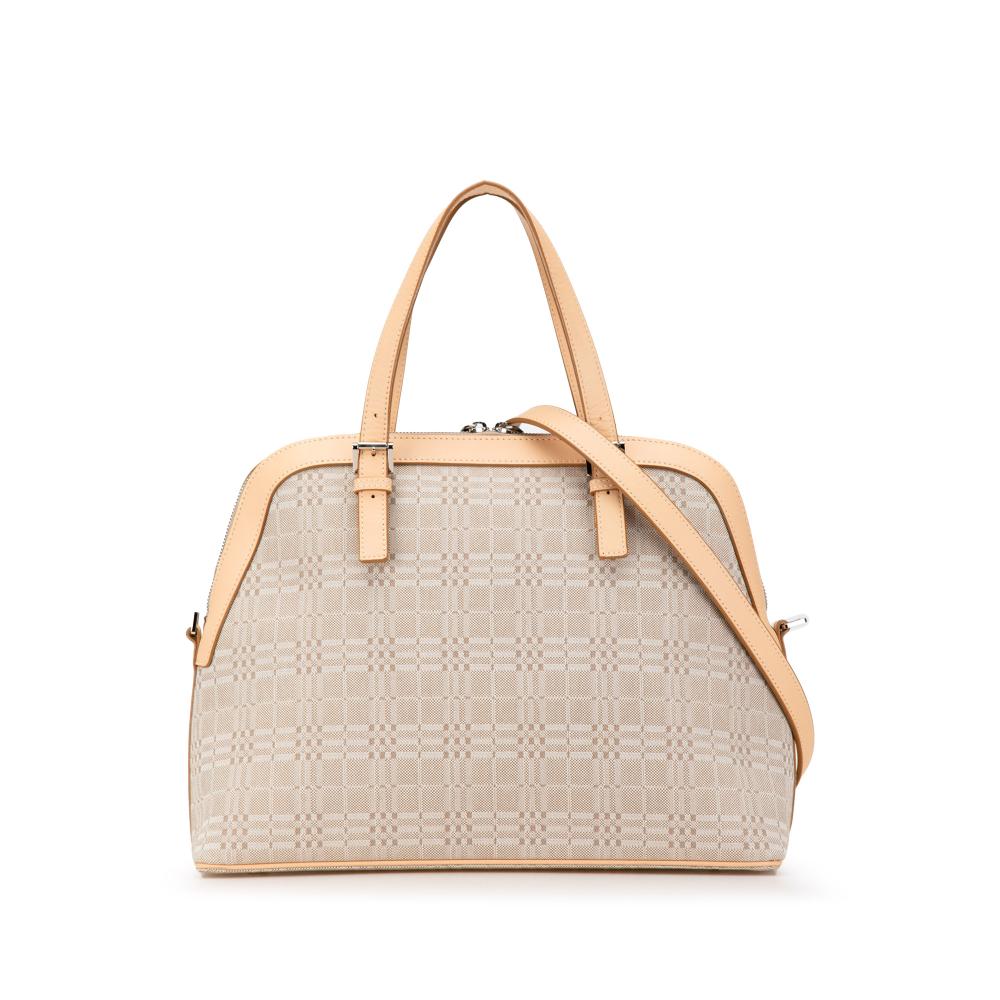 Burberry B Burberry Brown Light Beige Canvas Fabric Leather Trimmed Dome Satchel United Kingdom