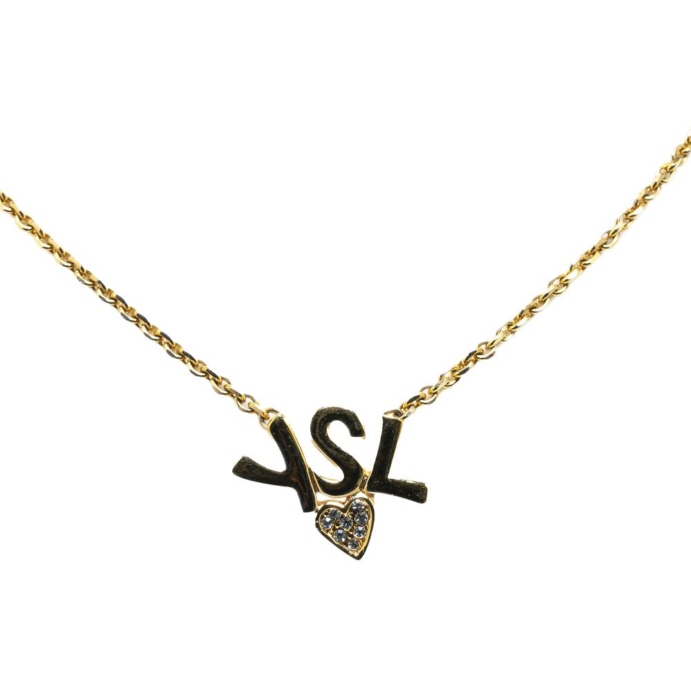 Saint Laurent B Yves Saint Laurent Gold Gold Plated Metal Rhinestone Logo Heart Necklace France