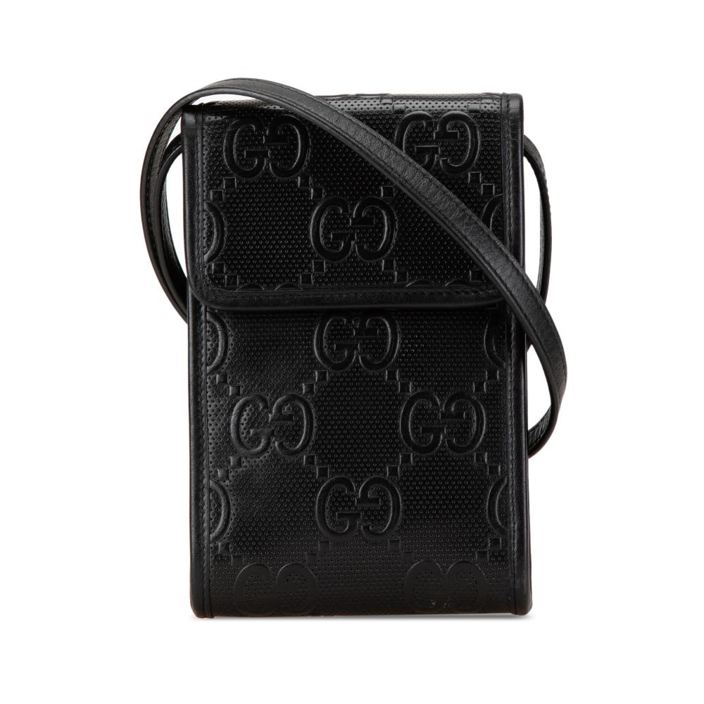 Gucci B Gucci Black Calf Leather GG Embossed Flap Crossbody Italy