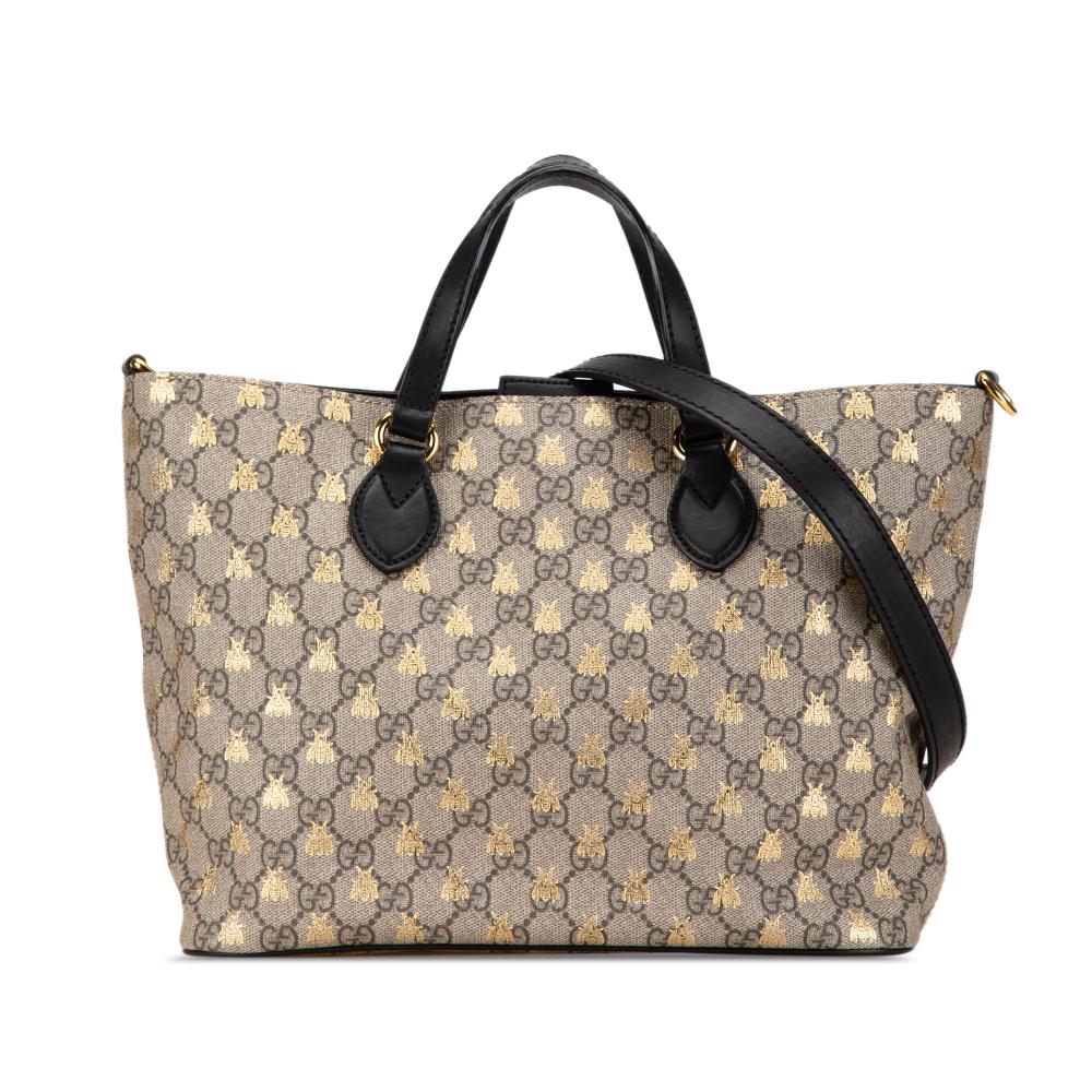 Gucci AB Gucci Brown Beige Coated Canvas Fabric Small GG Supreme Bees Soft Tote Italy